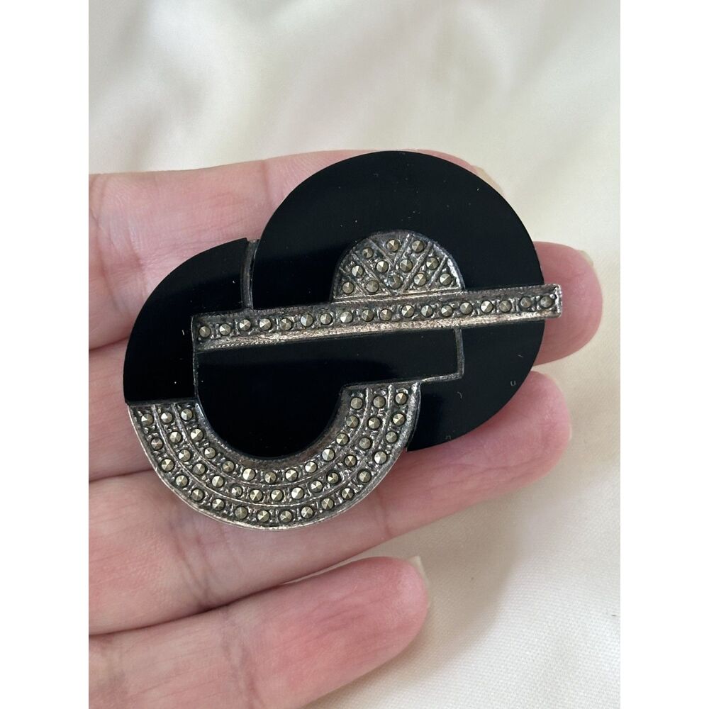 Art Deco Style Sterling Silver Marcasite & Onyx Brooch - Picture 3 of 8